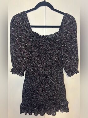 Square Neck Black Floral Long Sleeve Mini Dress